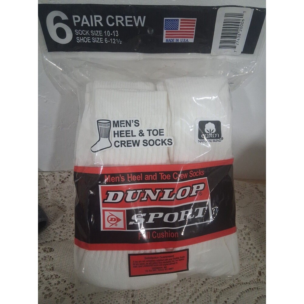 Vtg Cotton Blend Crew White Socks 6 PAIR White Sz 10-13 Dunlop USA Mens Sport